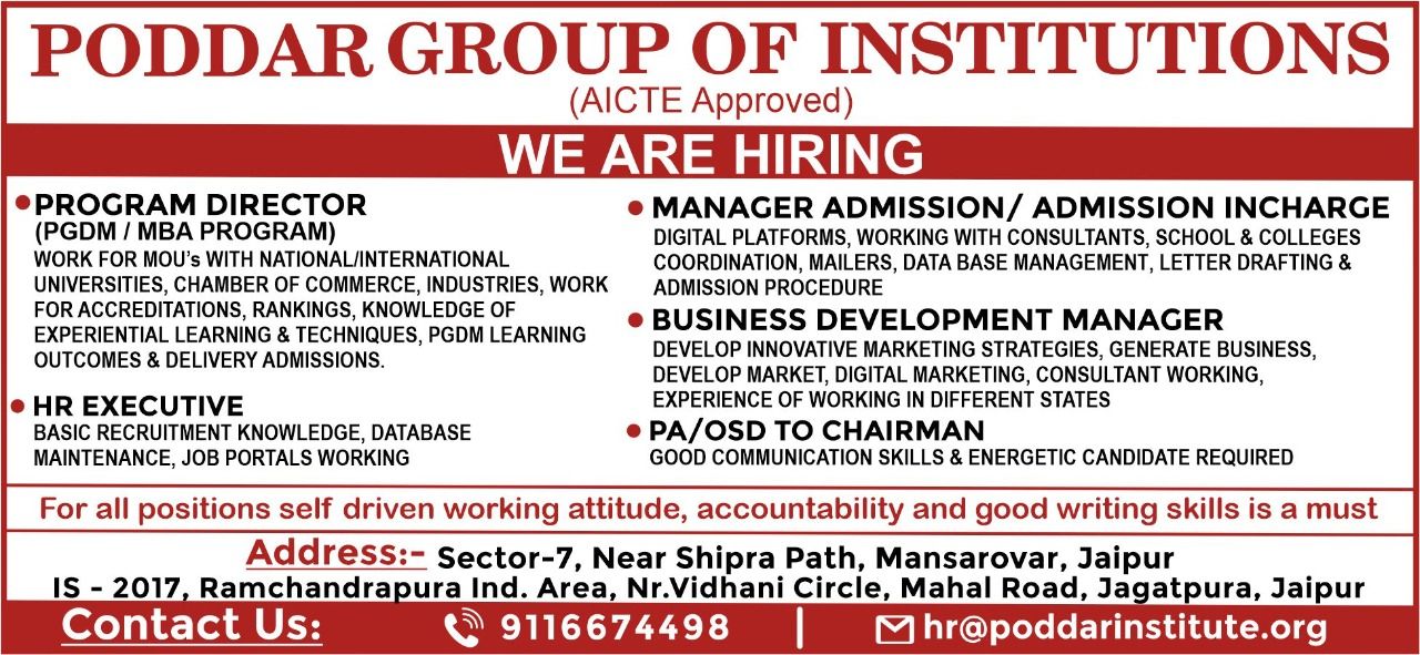 Program Director, Manager Admissions/Admissions Incharge, HR Executive, Business Development Manager, PA/OSD to Chairman.