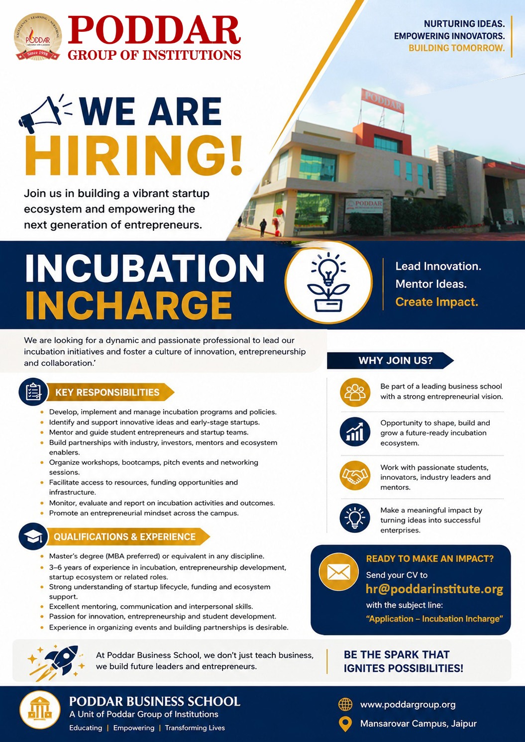We Are Hiring: Incubation Incharge 💡🚀